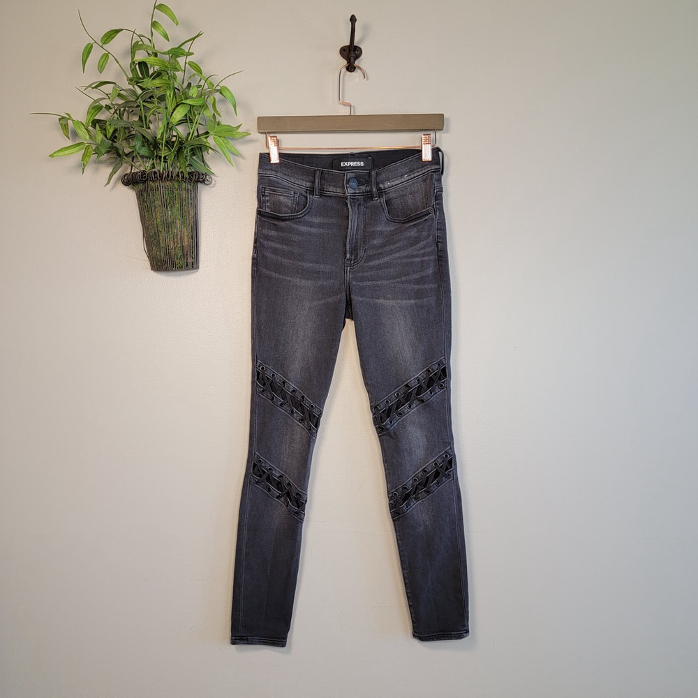 Express High Rise Legging Lace Up Knee Stitch Skinny Faded Black Jegging 2 Jeans